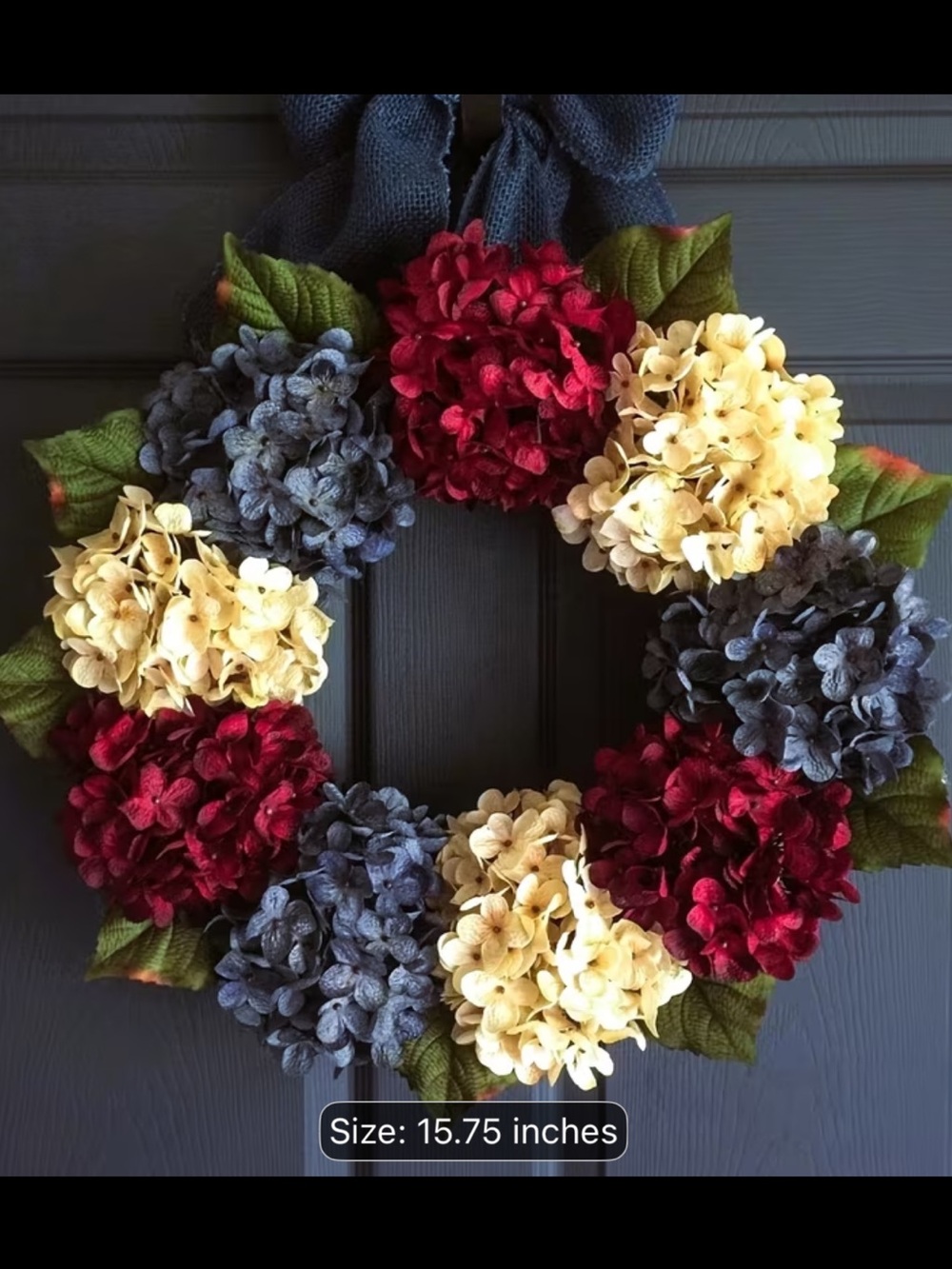 Holiday Hydrangea Wreath in Cream, Red, and Blue